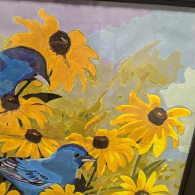 23" x 19" Framed Indigo Buntings Art Painting