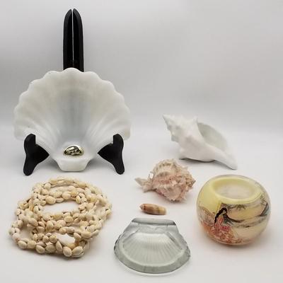 Lot of Vintage: Clear Glass and Milk White Anchor Hocking Glass Tray / Bowl, Long Cowrie Shell Necklace Lei 52", Seashells, Tropical...