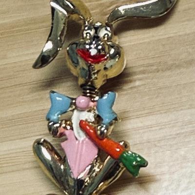 Vintage 1940's Signed BJ Enamel Dandy Easter Bunny Rabbit Tremblant Pin Brooch RARE