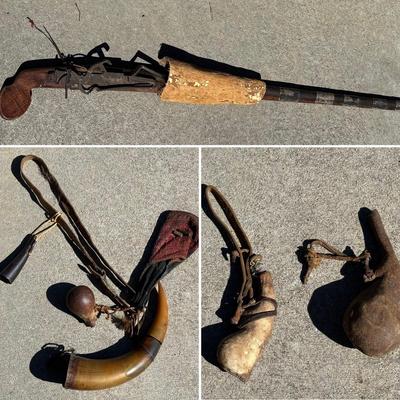 Antique Hmong Flintlock Rifle with Powder Horn & More (BS-MG)