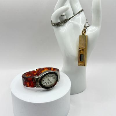 LOT 179J: Vintage Quintel LCD Quarts Clock Necklace & Bakelite Cuff Geneva Quartz Watch