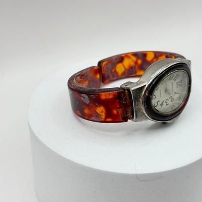 LOT 179J: Vintage Quintel LCD Quarts Clock Necklace & Bakelite Cuff Geneva Quartz Watch