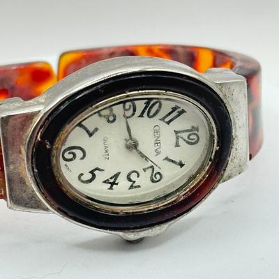 LOT 179J: Vintage Quintel LCD Quarts Clock Necklace & Bakelite Cuff Geneva Quartz Watch