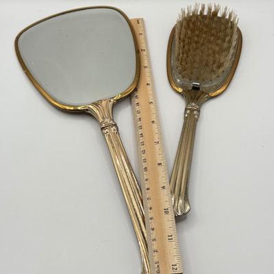 LOT 183J: Vintage Gold Tone Vanity Hand Mirror & Brush