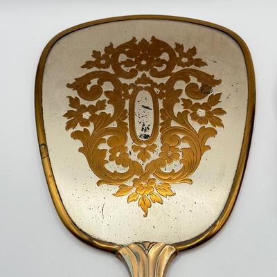 LOT 183J: Vintage Gold Tone Vanity Hand Mirror & Brush