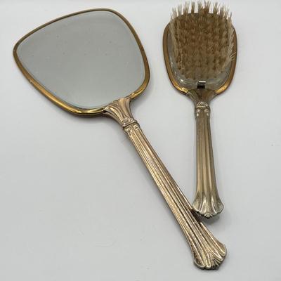 LOT 183J: Vintage Gold Tone Vanity Hand Mirror & Brush