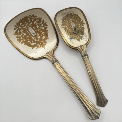LOT 183J: Vintage Gold Tone Vanity Hand Mirror & Brush