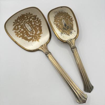LOT 183J: Vintage Gold Tone Vanity Hand Mirror & Brush