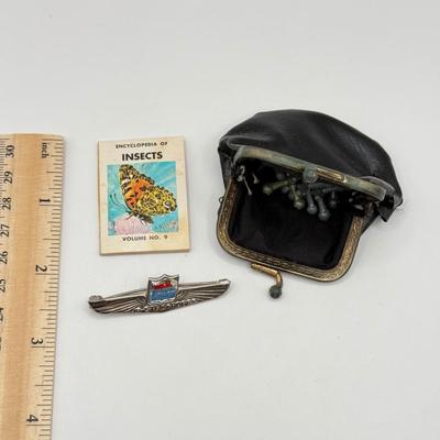 LOT 192J: Mini Vintage Jacks in Coin Purse, Vintage Mini Insects Book & Jr Stewardess Wings Pin