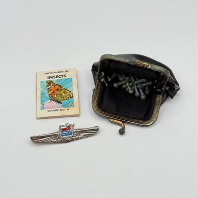 LOT 192J: Mini Vintage Jacks in Coin Purse, Vintage Mini Insects Book & Jr Stewardess Wings Pin