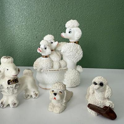 Vintage French Poodle with pups in tub, plus