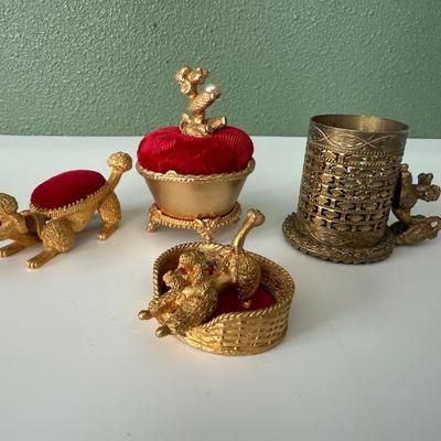 Vintage Mini Gold Metal Poodle in basket, gold metal w/red pin cushion bronze cup. 2 Florenza