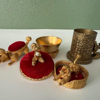 Vintage Mini Gold Metal Poodle in basket, gold metal w/red pin cushion bronze cup. 2 Florenza