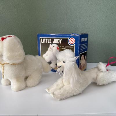 Vintage Little Judy Battery operated furry stuffed animal plus a second spotted poodle