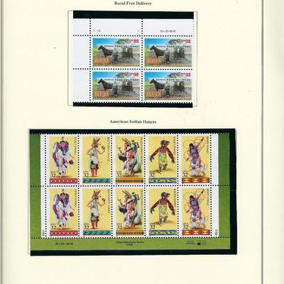 1996 US stamp collector sheet featuring Rural Free Delivery and American Indian Dances Stamps