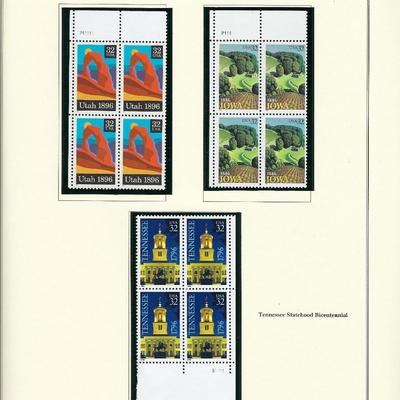 1996 US stamp collector sheet featuring Utah, Iowa and Tennessee Statehood stamps