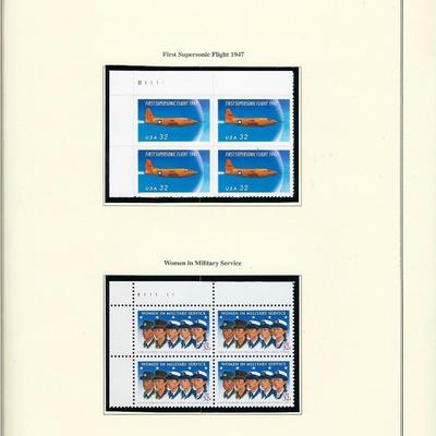 1997 US stamp collector sheet featuring First Supersonic Flight 50th Anniversary and Women in Military Service stamps