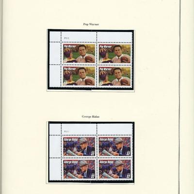 1997 US stamp collector sheet featuring Pop Warner and George Halas stamps