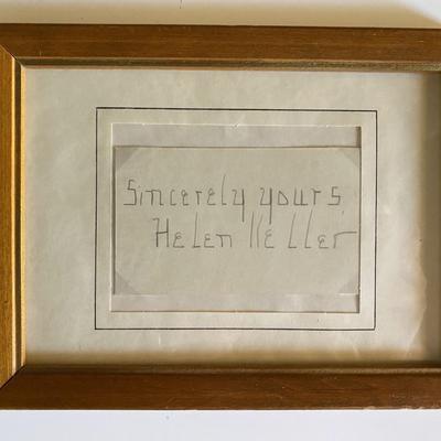 Author Helen Keller signed note in custom frame