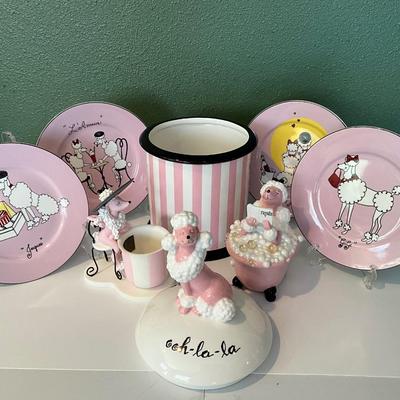 NEW Department 56, Cookie Jar, Candle, Tooth Pick holder, plus 4 pink poodle plates
