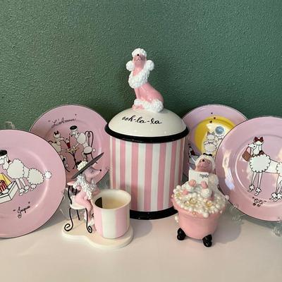 NEW Department 56, Cookie Jar, Candle, Tooth Pick holder, plus 4 pink poodle plates