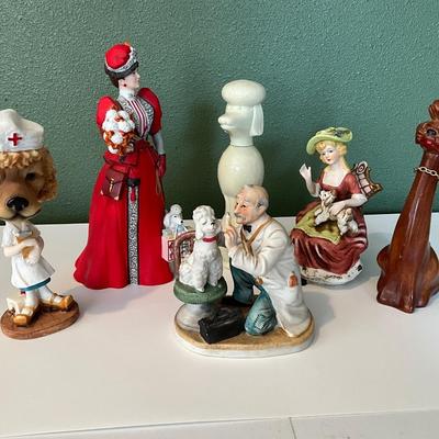 Lefton Japan Doctor plus bobble head nurse, AVON Lady and perfume dog, plus