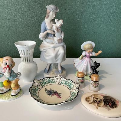 Lladro Lady w/poodle(no shine), Lefton clown, Japan salt/pepper shaker, Little girl, Rosenthal plate,