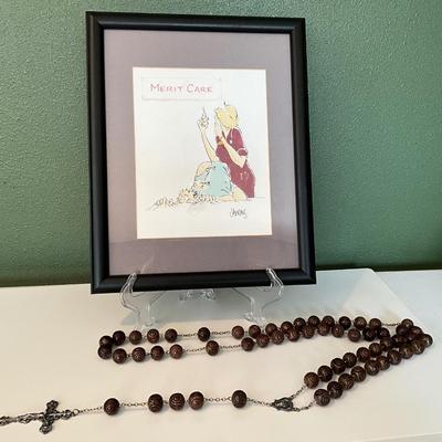 MeritCare frame picture with wood beaded Rosary