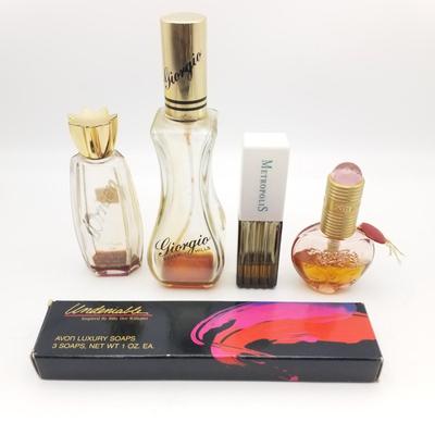 Lot of 19 Vintage Beauty Items, Perfume Bottles, Silverplate Tray: Avon Coty Giorgio Beverly Hills Metropolis Xia Xi'ang Oscar de la...