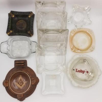 Lot of 12 Vintage Ashtrays / Trinket Dishes: Luby's, Iridescent Carnival Glass, Anchor Hocking Thumbprint Milk Glass, Star, Brass /...