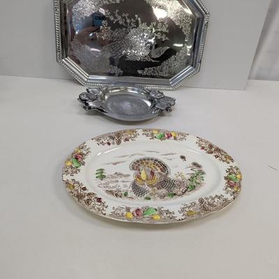 Hand Painted Turkey Platter Peacock Metal Serving Tray Berry Aluminum Tray