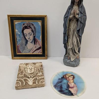Vintage Framed Canvas Print Marble Madonna & Child Trivet Inspirational Figurines & Wall Decor