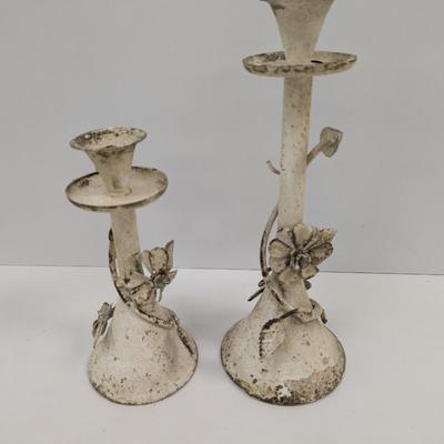 Pair Of Shabby Chic Vintage Cottage Chippy Paint Metal Candle Stick Holders