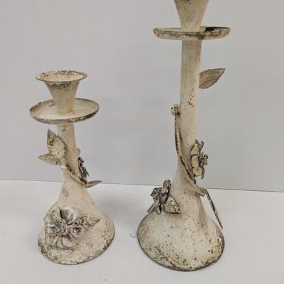 Pair Of Shabby Chic Vintage Cottage Chippy Paint Metal Candle Stick Holders