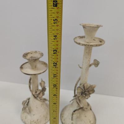 Pair Of Shabby Chic Vintage Cottage Chippy Paint Metal Candle Stick Holders