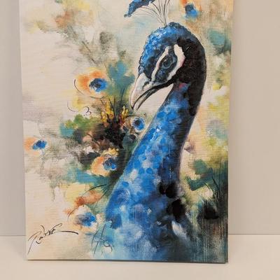 Peacock Painting On Canvas Signed 27 1/2" x 19 3/4"