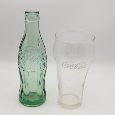 Lot of Vintage Coca-Cola: Set of 4 Glass Soda Pop Bottles (Green - Rockville Ind Indiana, Clear), Set of 4 Red And Black Checkered...