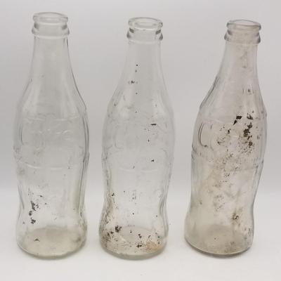 Lot of Vintage Coca-Cola: Set of 4 Glass Soda Pop Bottles (Green - Rockville Ind Indiana, Clear), Set of 4 Red And Black Checkered...