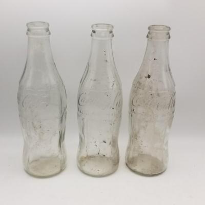Lot of Vintage Coca-Cola: Set of 4 Glass Soda Pop Bottles (Green - Rockville Ind Indiana, Clear), Set of 4 Red And Black Checkered...