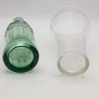 Lot of Vintage Coca-Cola: Set of 4 Glass Soda Pop Bottles (Green - Rockville Ind Indiana, Clear), Set of 4 Red And Black Checkered...