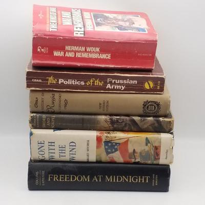 Lot of 6 Vintage Books - Novels / History / Military: Gone with The Wind, Freedom at Midnight, Sword and Scalpel, The Politics of the...