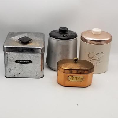 Lot of 4 Misc Vintage Tea and Coffee Canisters - Metal, Chrome Copper, Aluminum, Plastic - Ransburg Masterware Kromex - Some Sold As-Is