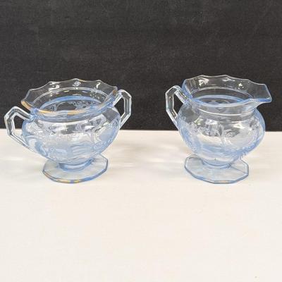 Etched Cambridge Glass Ice Sugar & Creamer Set