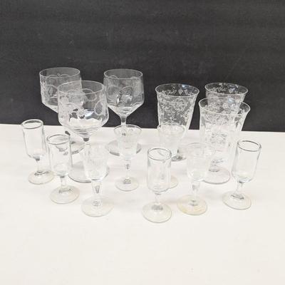 Fostora Etched Glasses & Tiffin Franciscan Etched Glasses