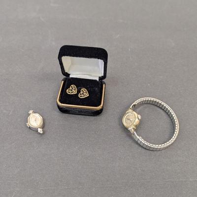 Vintage Jewelry Heart Earrings Elgin & Hamilton Watches