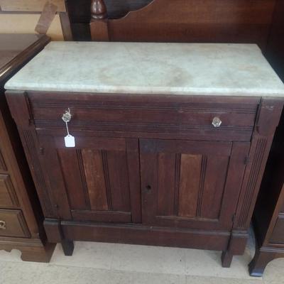 Antique Marble Topped Small Cupboard- Approx 30" x 15 1/2" x 31 3/4" Tall