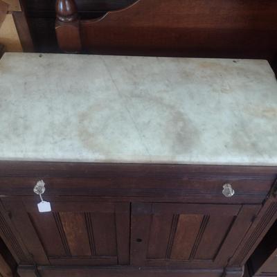 Sale Photo Thumbnail #1689: Antique Marble Topped Small Cupboard- Approx 30" x 15 1/2" x 31 3/4" Tall.  Marble top is stained- please see all pictures.