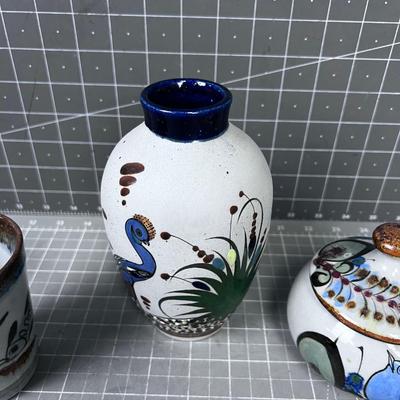 Mexican Pottery Stoneware 3 Pieces, Fishes and Bird