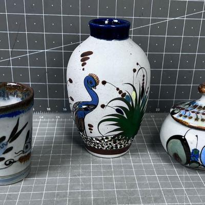 Mexican Pottery Stoneware 3 Pieces, Fishes and Bird