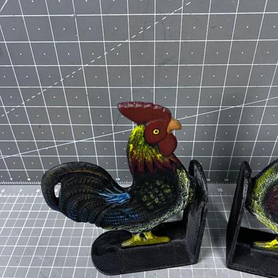 Pair of Cast Iron Rooster Book Ends 